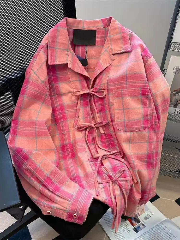 Y2K Winter Clothing - Y2k Amerikan Vintage Pembe Ekose Gömlek